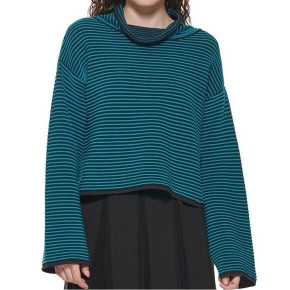 DKNY Ribbed Striped Cowl Neck Slight Crop Long Sleeve Aqua Black Size XSMALL - Picture 1 of 13